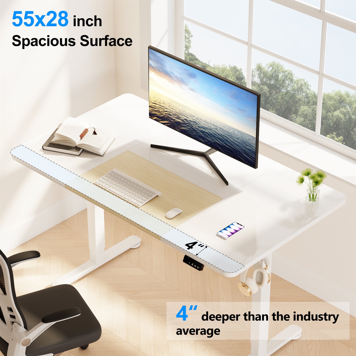 WOKA Electric Height Adjustable Electric Standing Desk, 55 x 28 Inch Sit Stand Desk with Memory Controllers, Stand up Desk for Home Office, White and Oak Tabletop WD104-W49