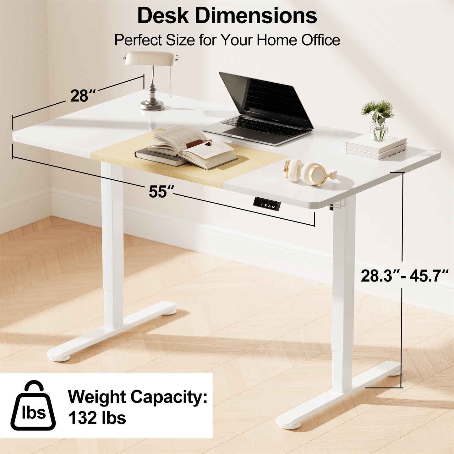 WOKA Electric Height Adjustable Electric Standing Desk, 55 x 28 Inch Sit Stand Desk with Memory Controllers, Stand up Desk for Home Office, White and Oak Tabletop WD104-W49