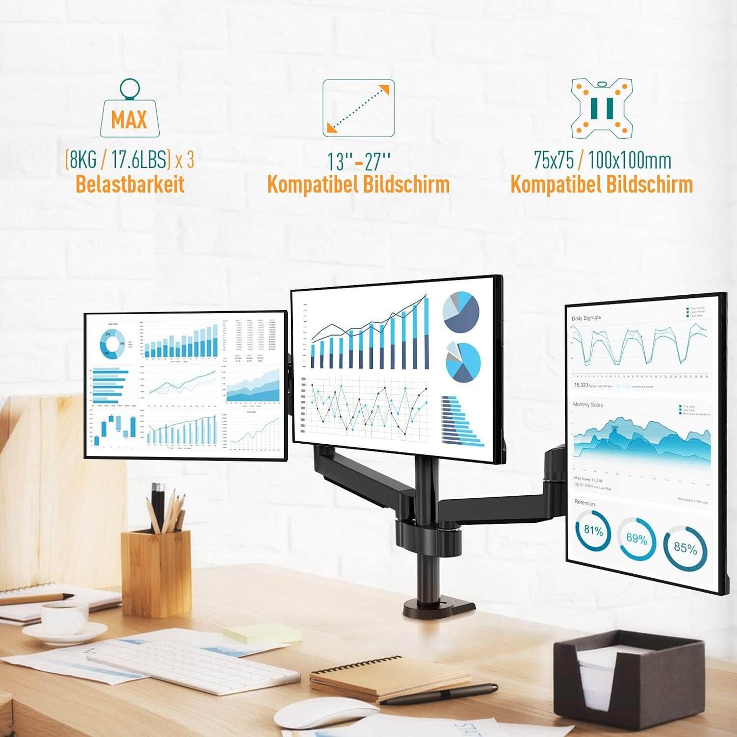 ELIVED Monitor Halterung 3 Monitore für 13-27 Zoll Bildschirme bis zu 8kg mit VESA 75/100, Monitor Arm EV006-DE