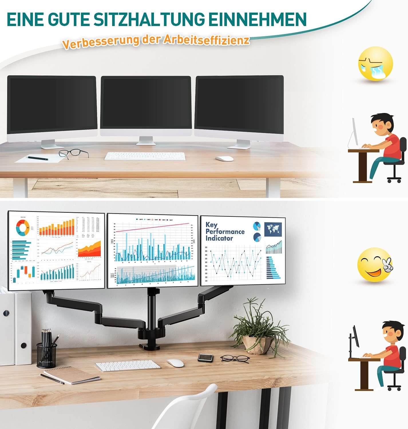 ELIVED Monitor Halterung 3 Monitore für 13-27 Zoll Bildschirme bis zu 8kg mit VESA 75/100, Monitor Arm EV006-DE