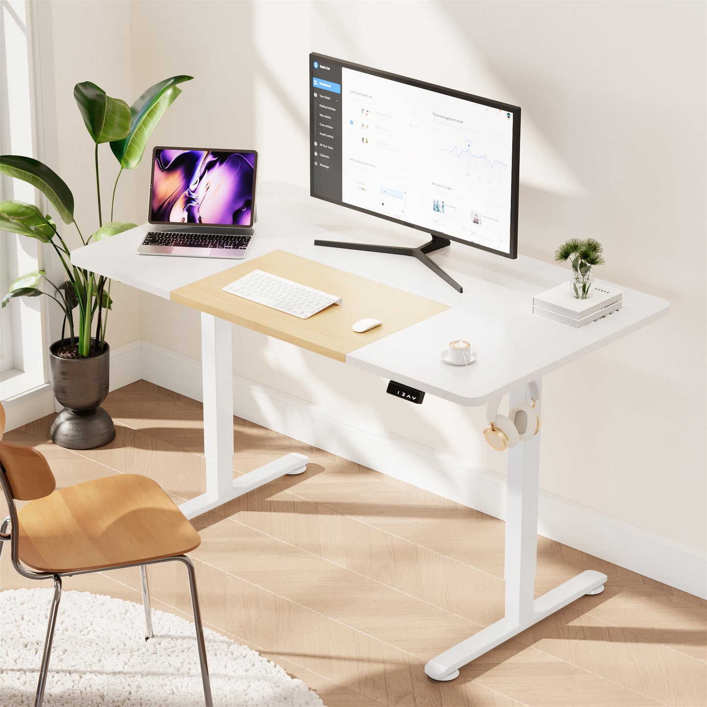 WOKA Electric Height Adjustable Electric Standing Desk, 55 x 28 Inch Sit Stand Desk with Memory Controllers, Stand up Desk for Home Office, White and Oak Tabletop WD104-W49