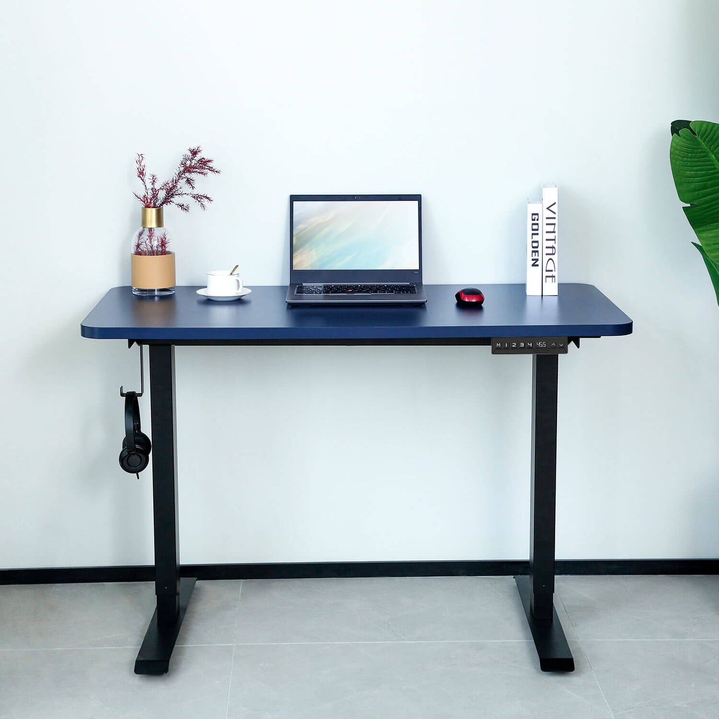 Blue Top standing desk with black frame