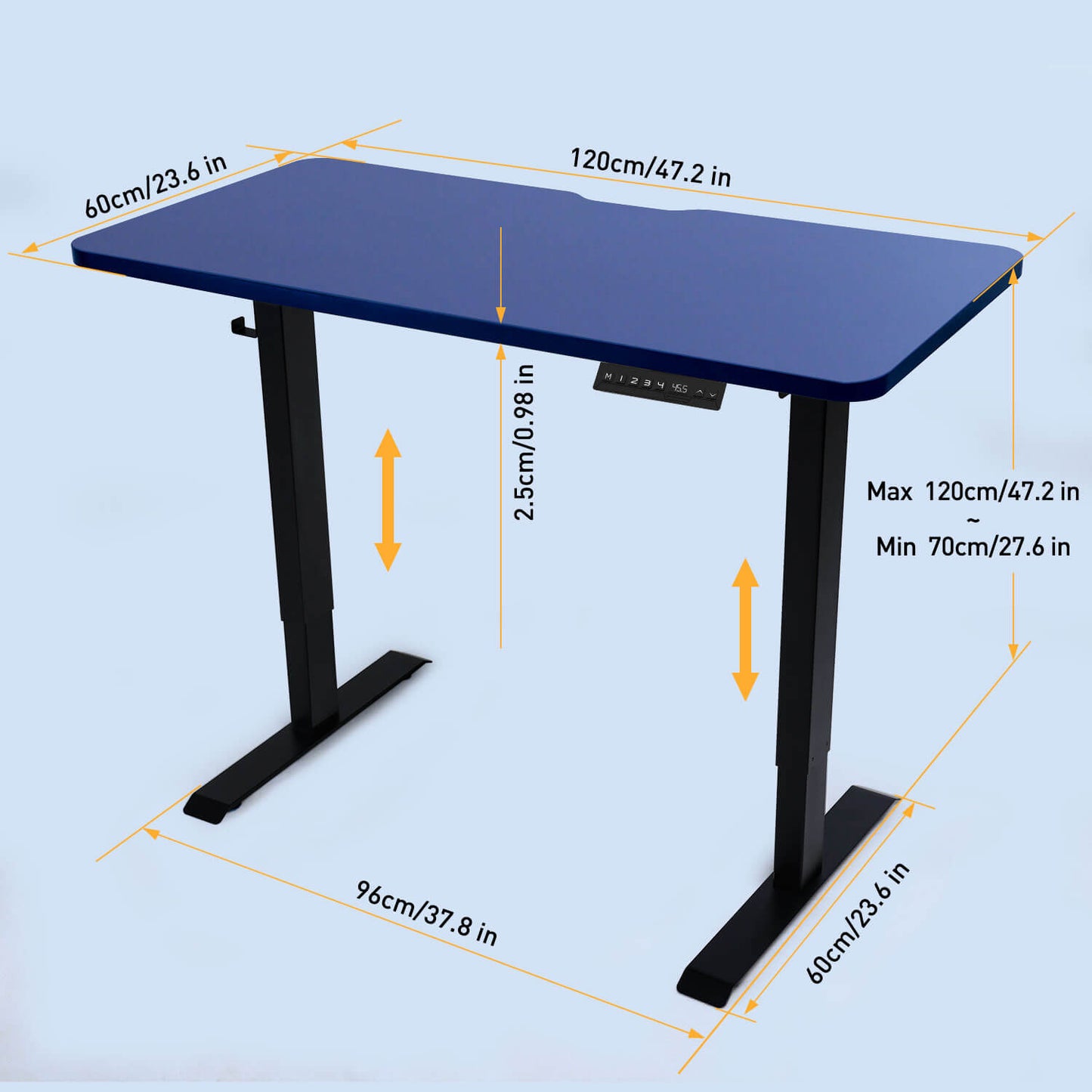 Blue Top 48"x24" standing desk with 4 memory presets