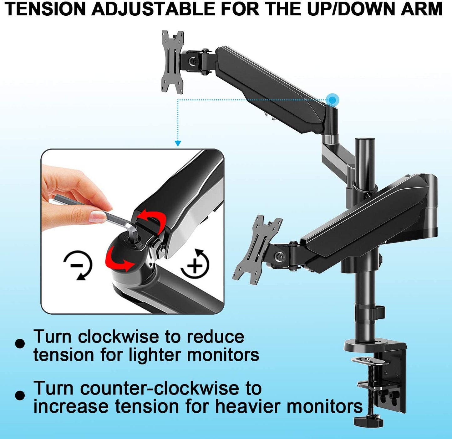 Dual Arms computer mount with tension adjustment