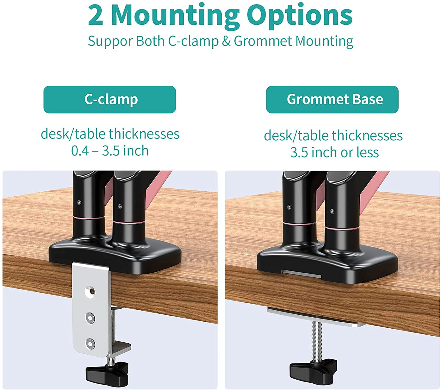 Dual Arms pink monitor desk holder for c-clamp and grommet mounting
