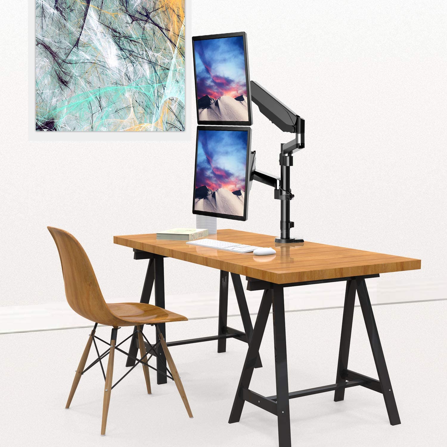 Dual Arms monitor arm places your monitors in portrait or lanscape orientation