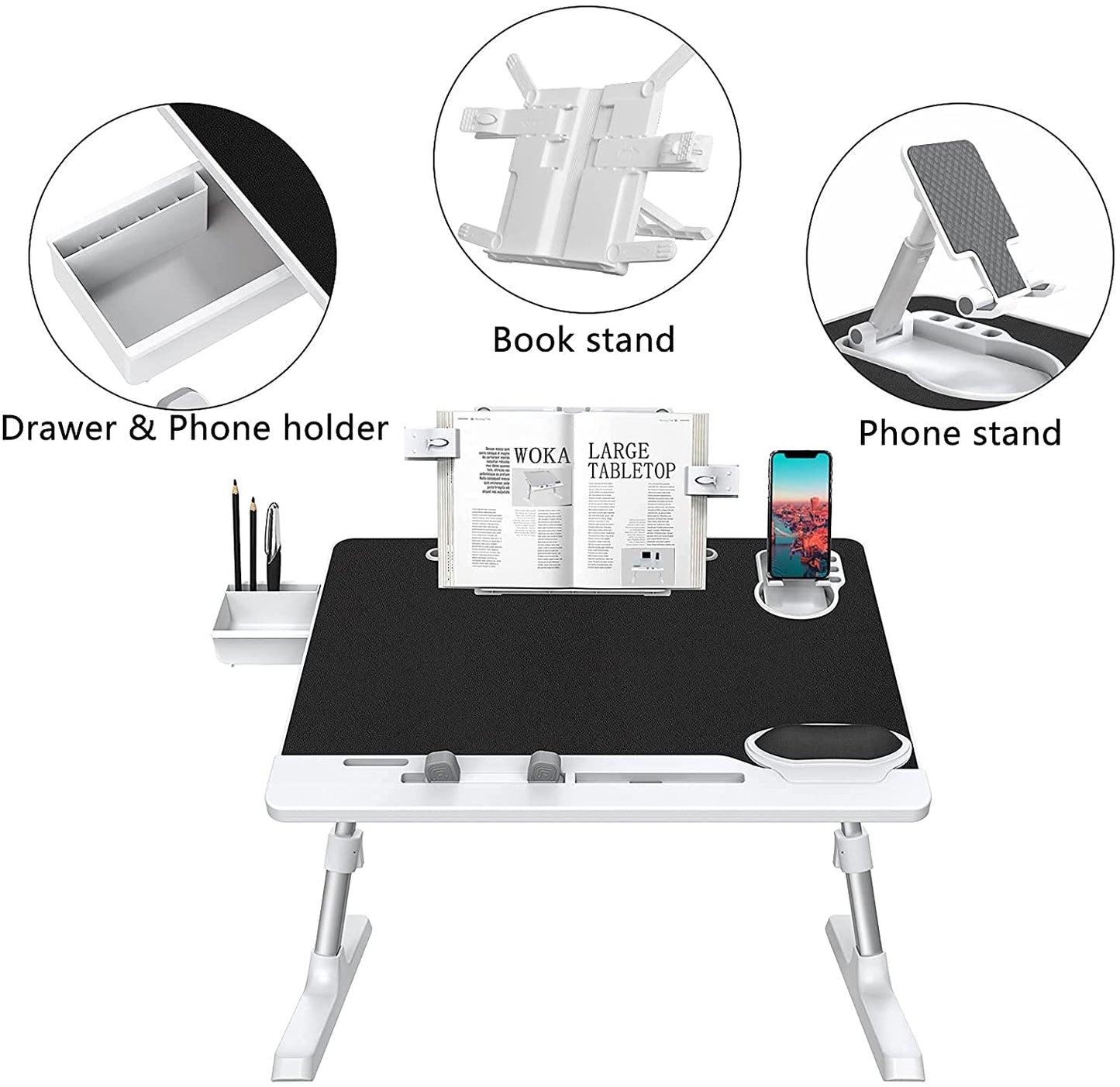 Black lap desk with drawer, book stand, and phone stand