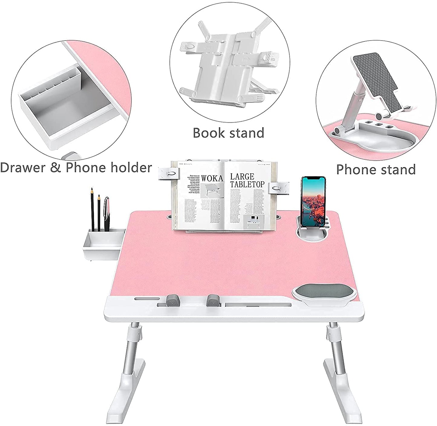 pink laptop desk with drawer, book stand, phone stand