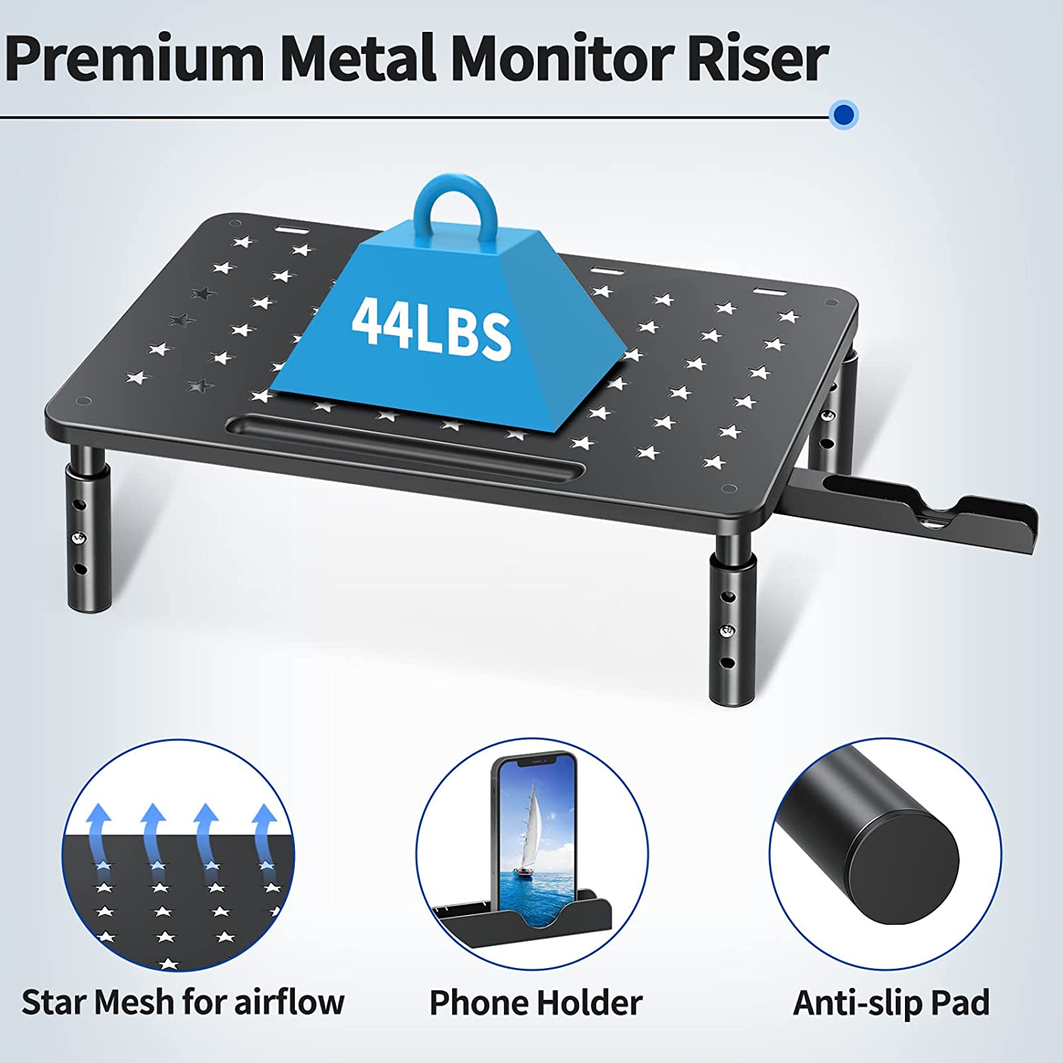 star monitor stand riser supporting up to 44 lbs.