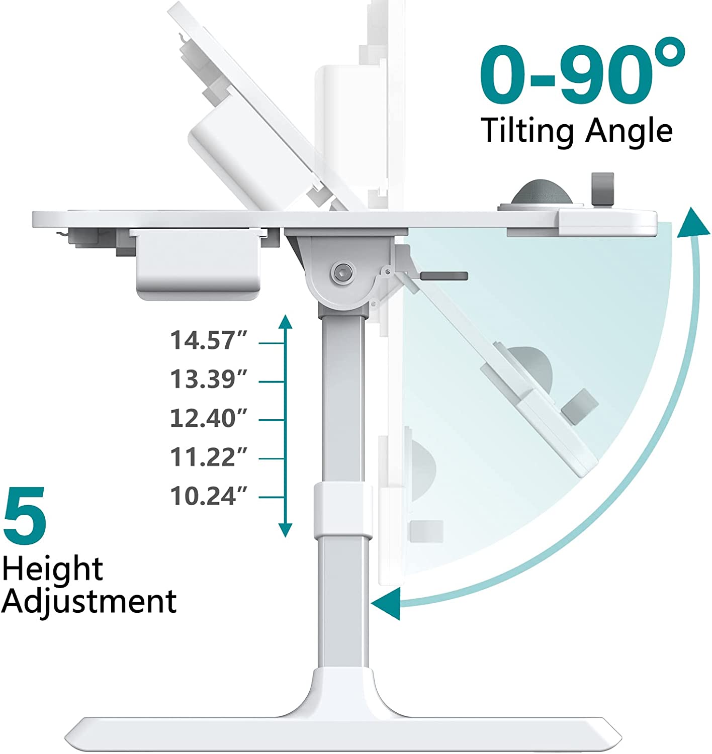 White height adjustable laptop bed stand
