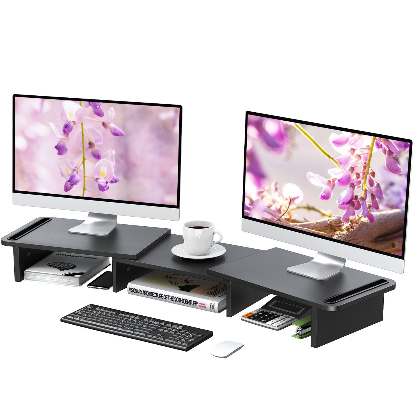 Dual Monitor Riser with 3 Shelf Black