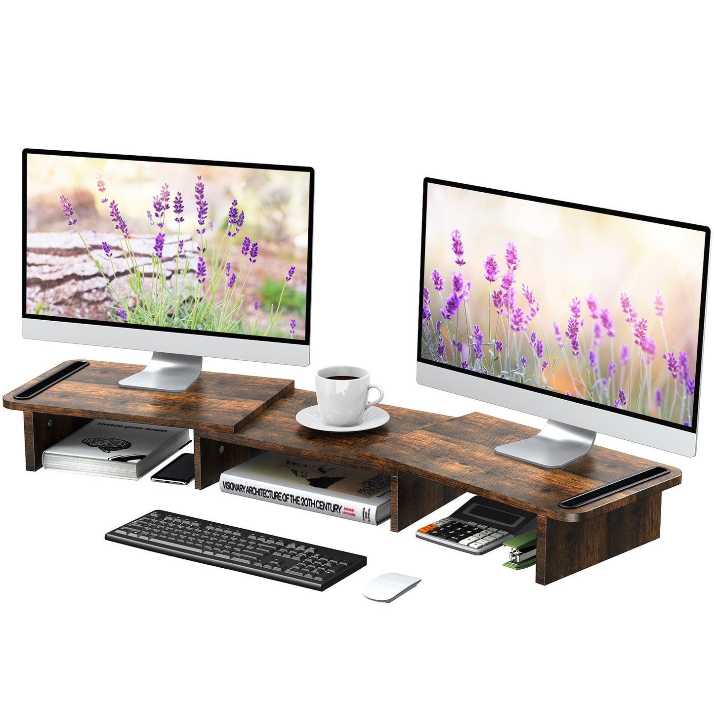 Dual Monitor Riser with 3 Shelf Rust Brown