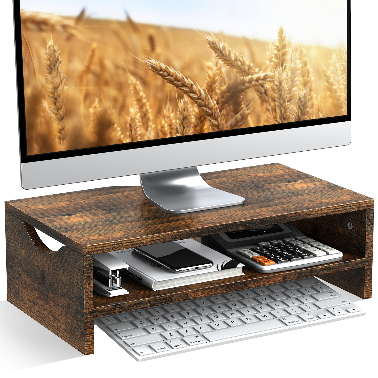 2 Tier Wooden Monitor Riser with Storage for Home Office Desk – WOKA