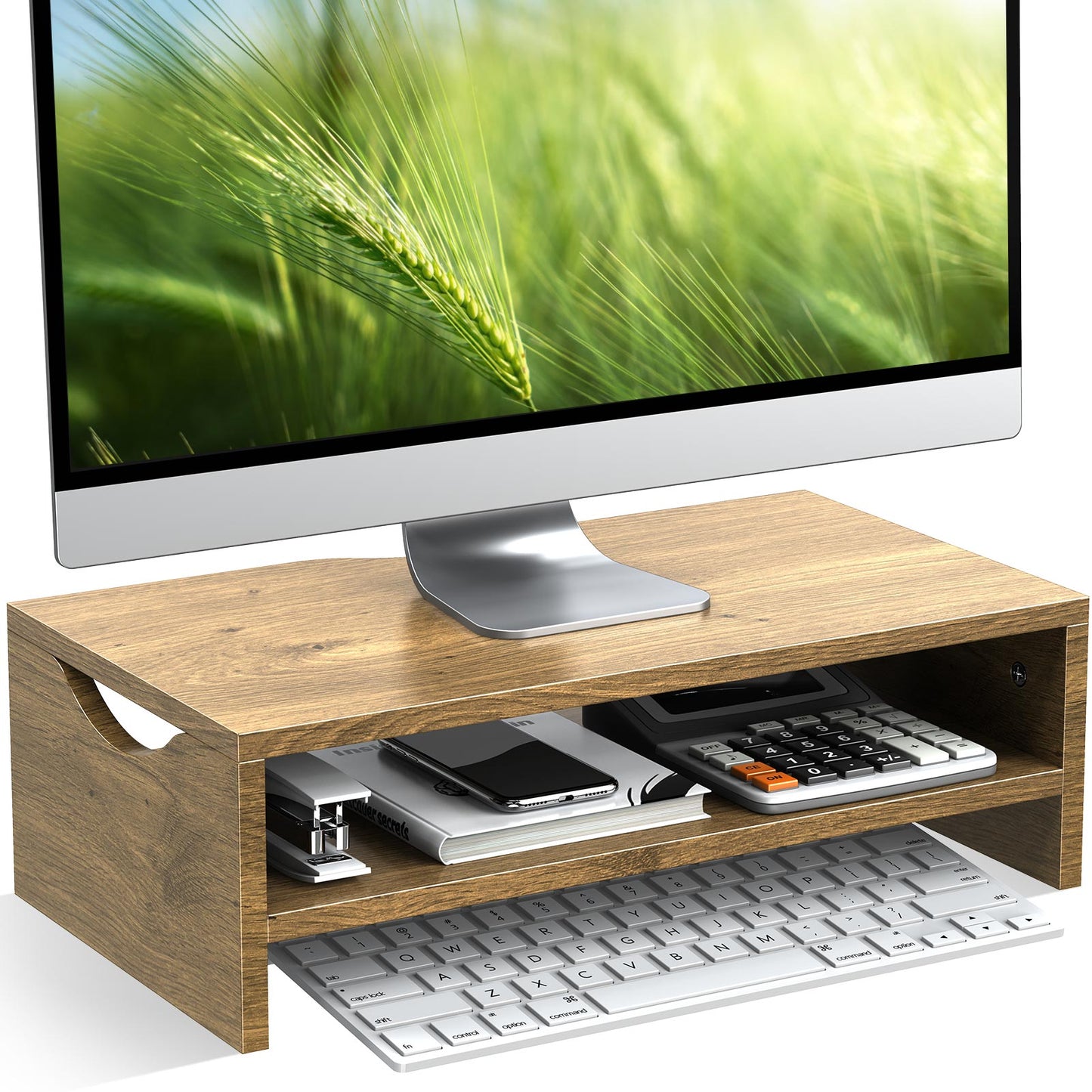 2 Tier Wooden Monitor Riser with Storage