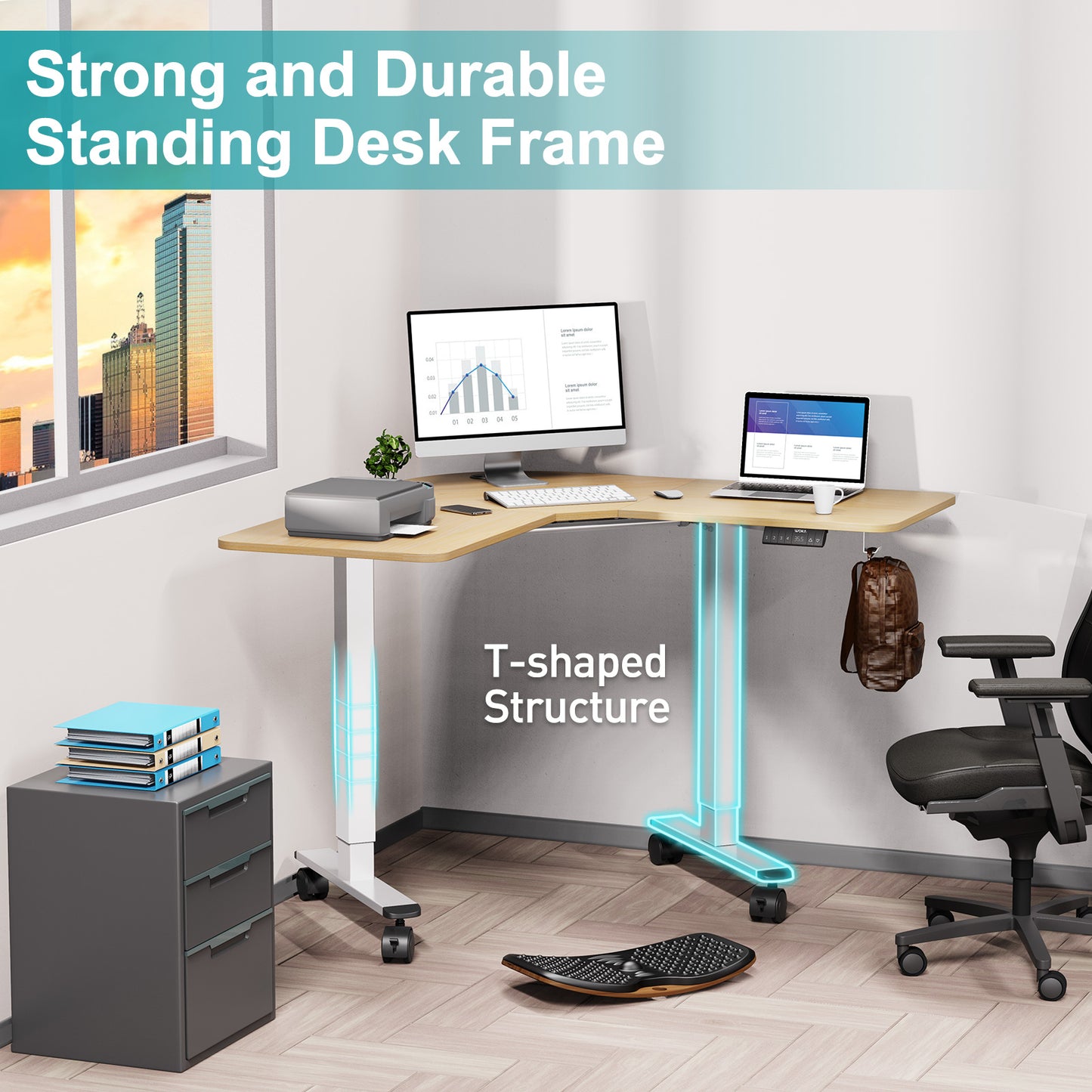 WOKA L Shaped Motorized Corner Standing Desk with Splice Board