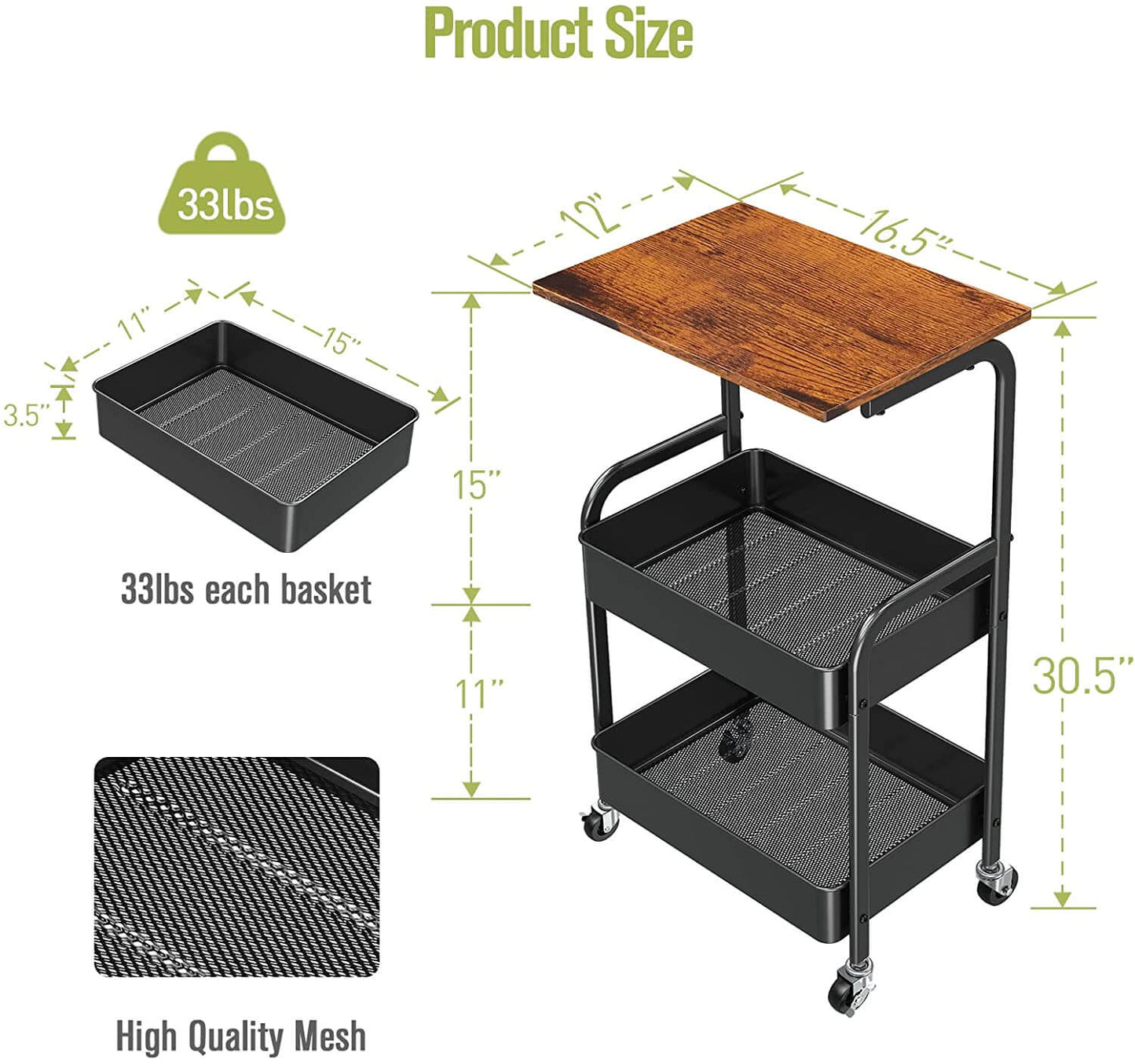 3 Tier Rolling Cart with Lockable Wheels