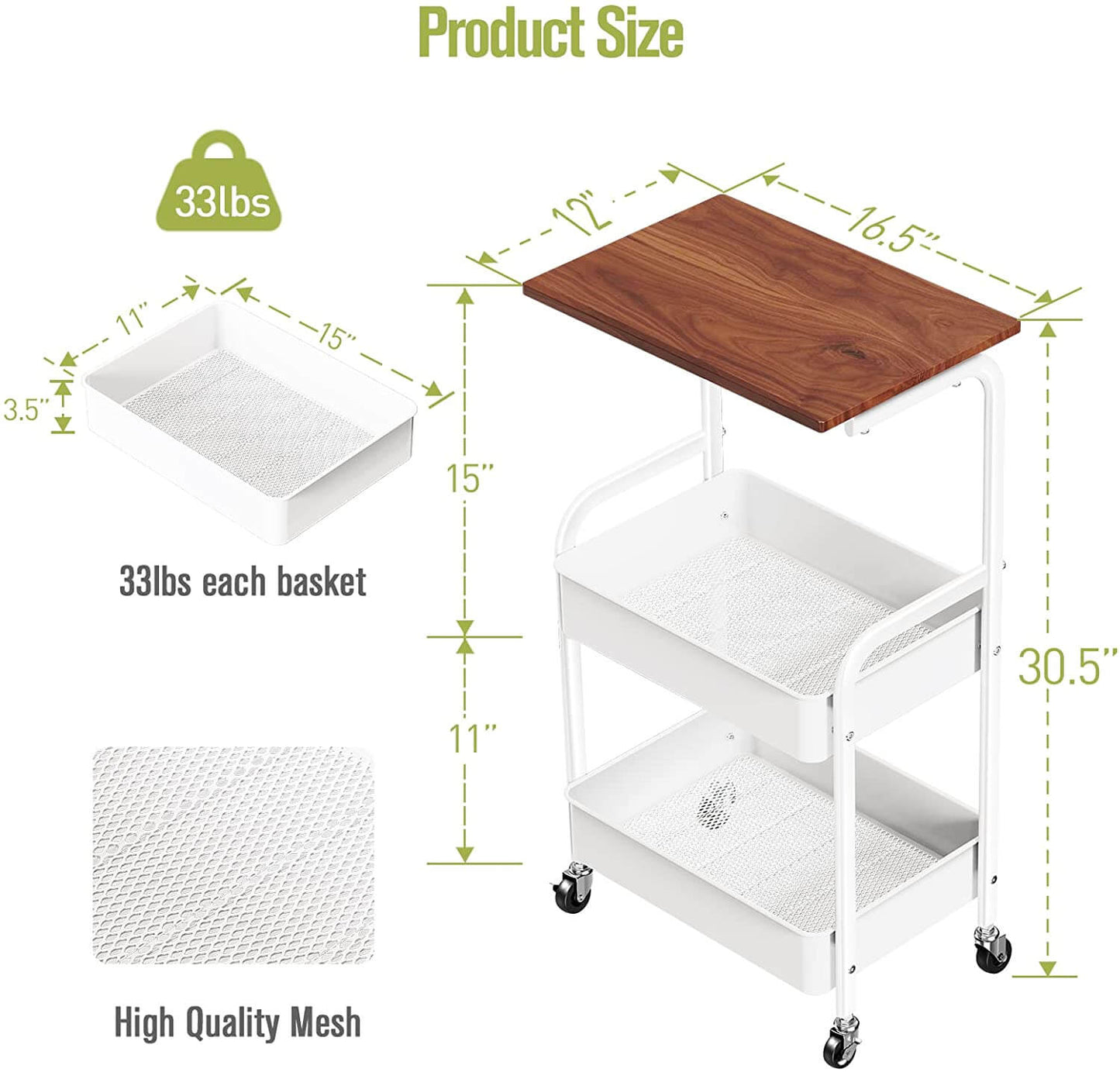 3 Tier Rolling Cart with Lockable Wheels