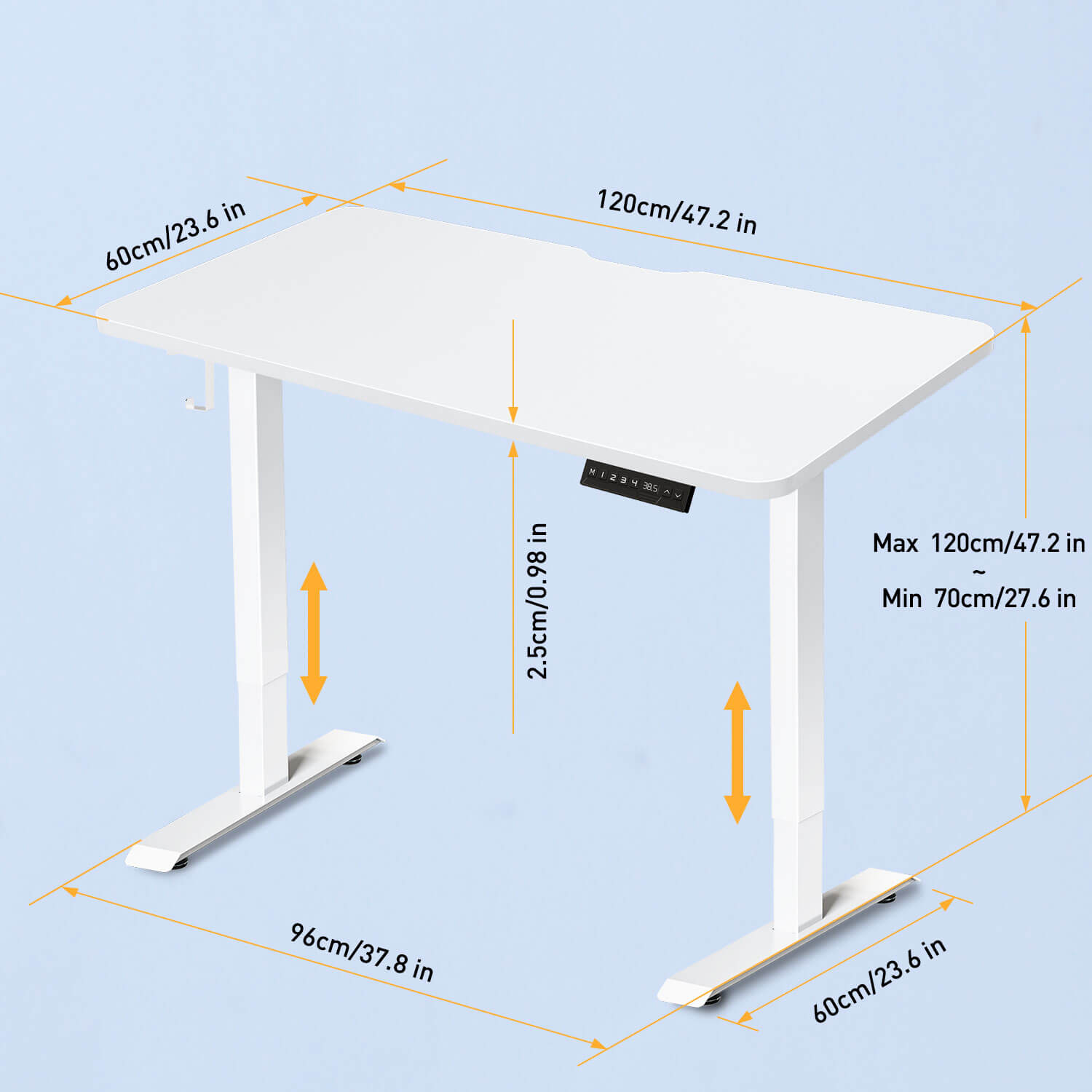 White standing desk with white desktop and frame