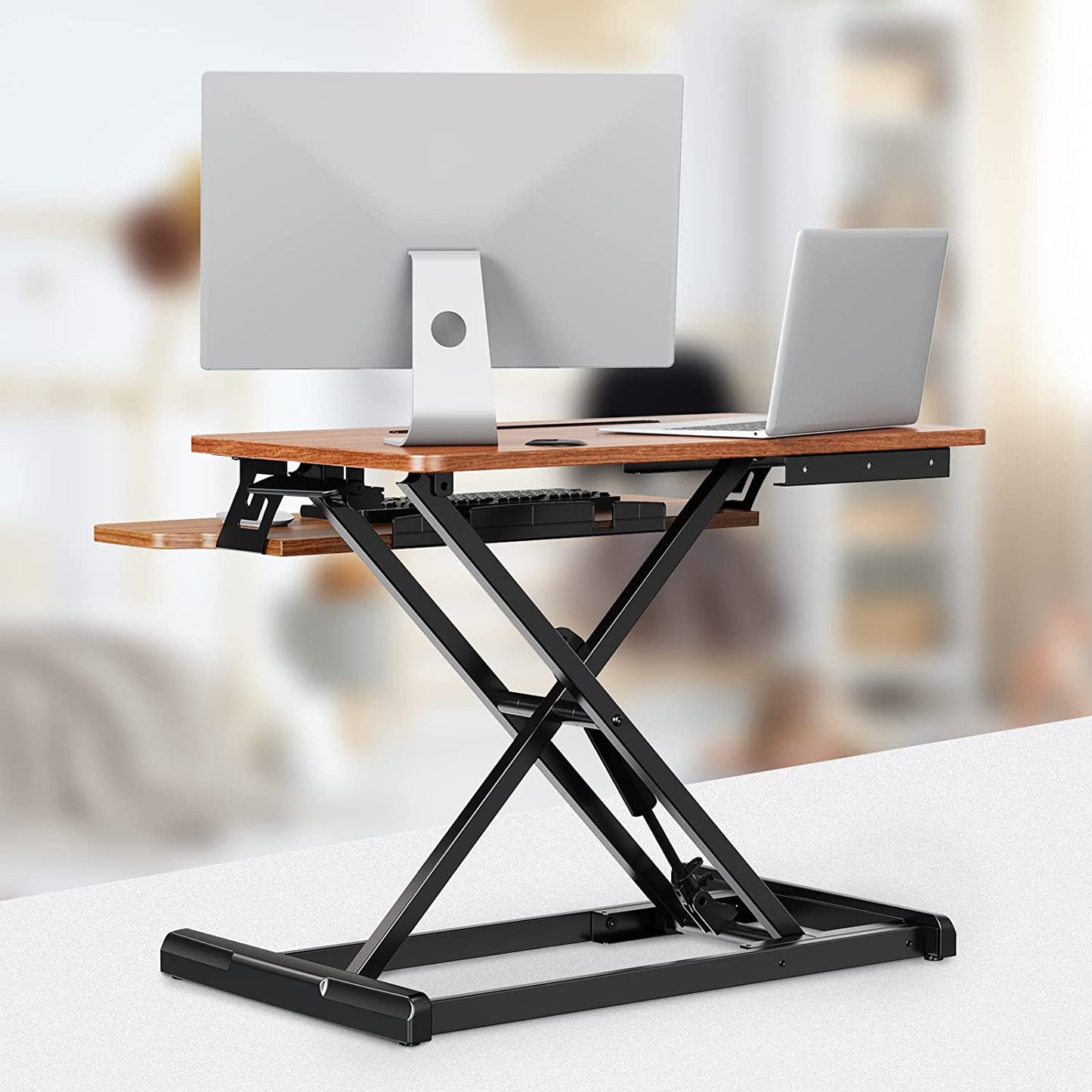 quickly transform a traditional desk to a standing desk Brown