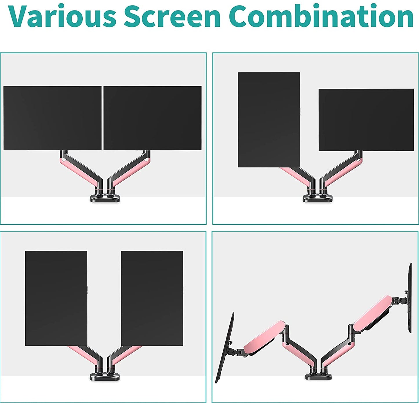 Dual Arms pink monitor mount with various combinations for perfect angle