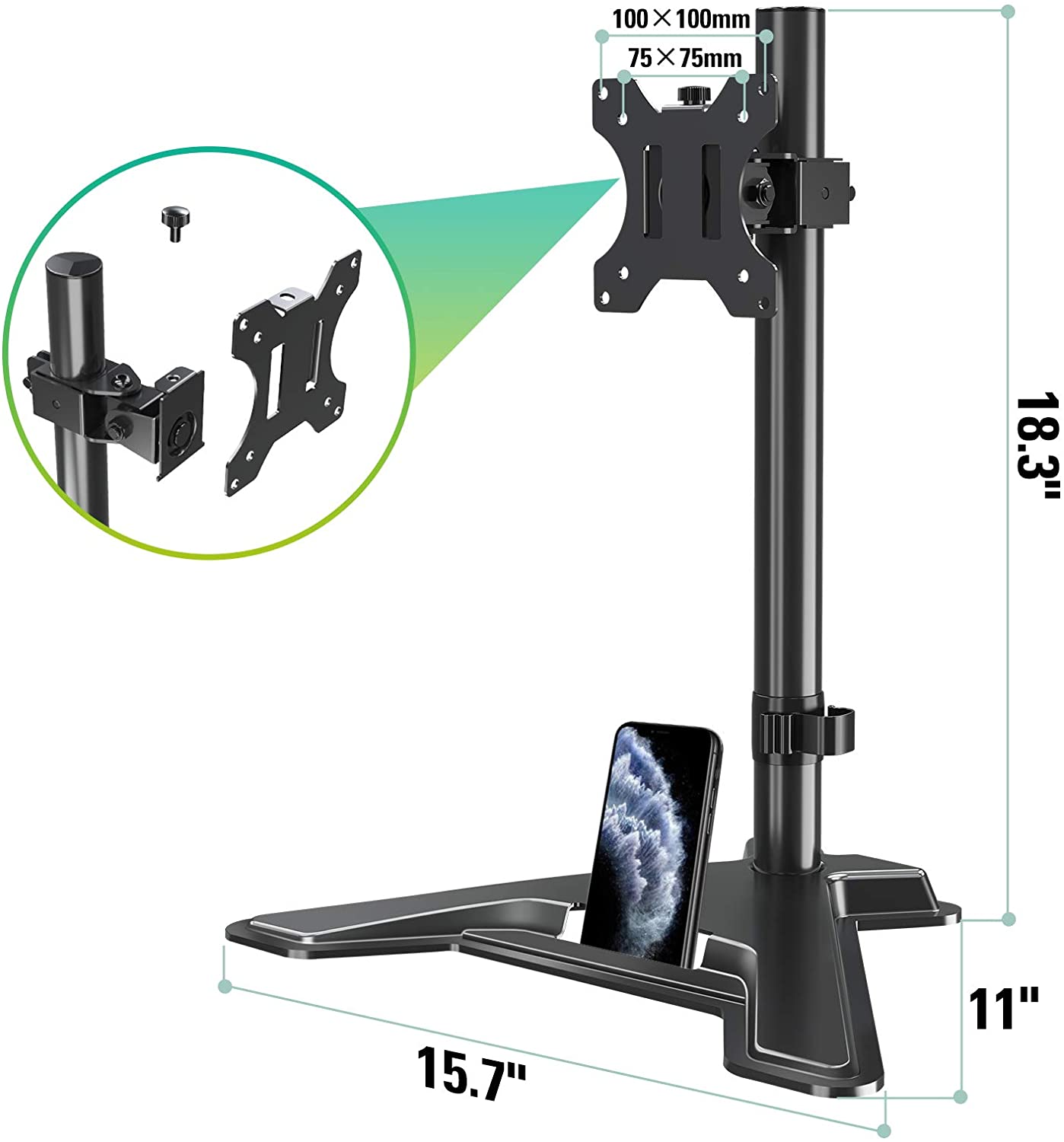 Single Arm height adjustable computer monitor desk for 75×75 and 100×100 vesa hole pattern