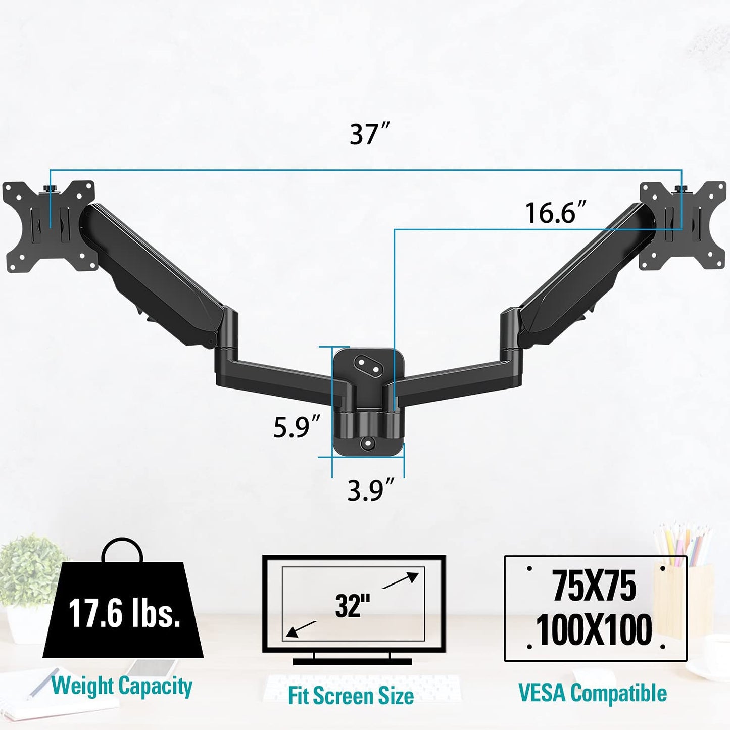 Dual Arms computer monitor wall mount for 75×75 and 100×100 vesa 