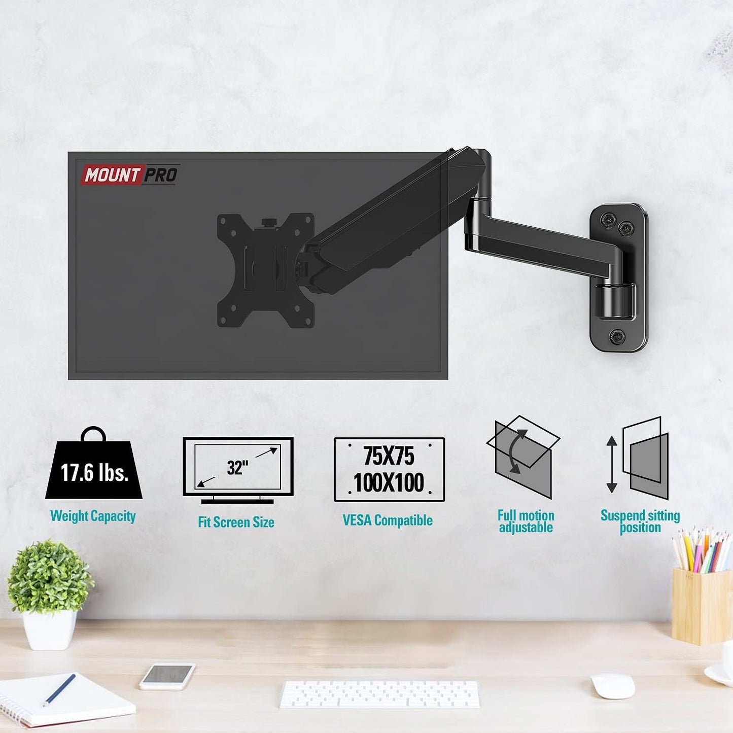 Single Arm wall mounted monitor arm for monitor up to 32''