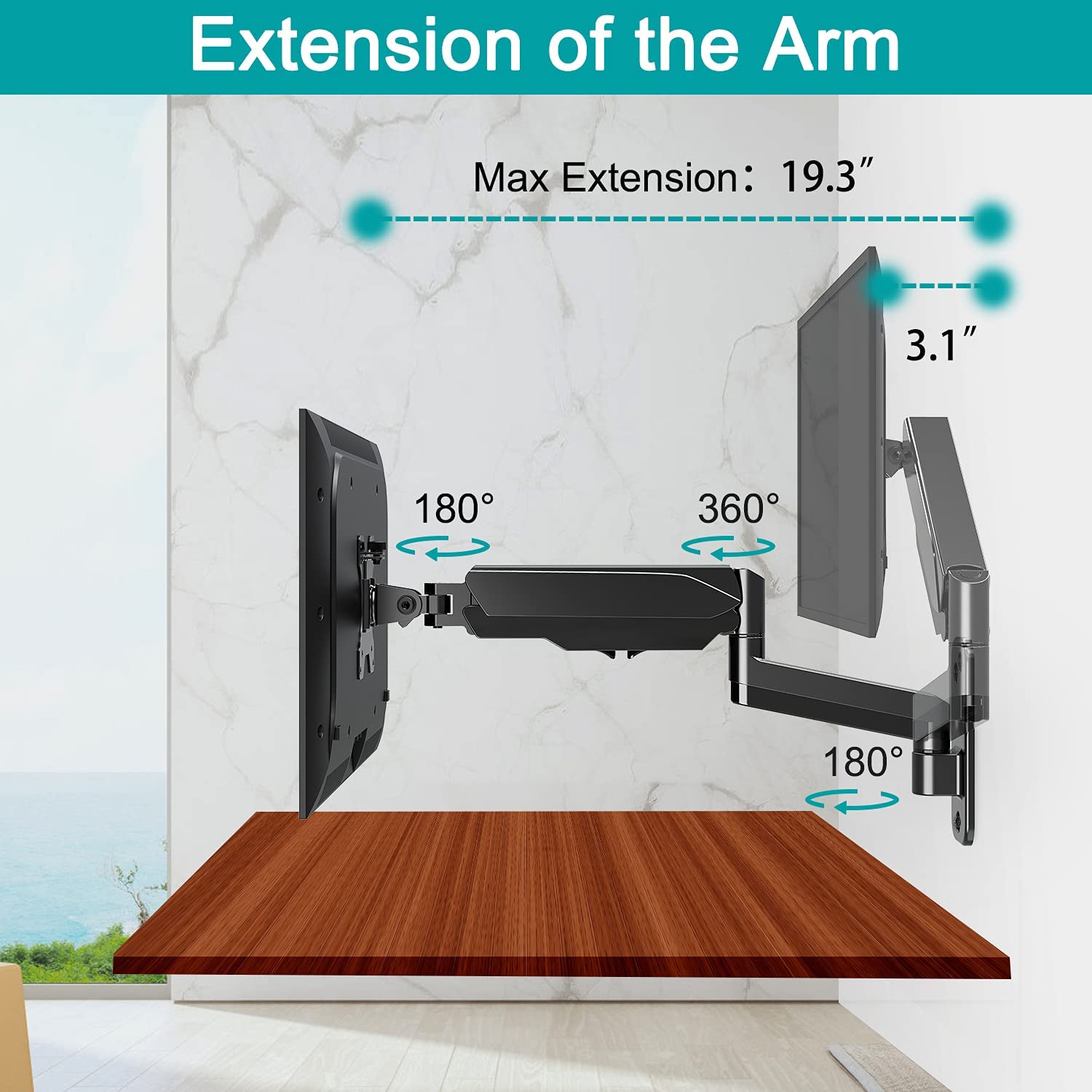 Single Arm monitor wall mount with 19.3'' extension and 3.1 low profile