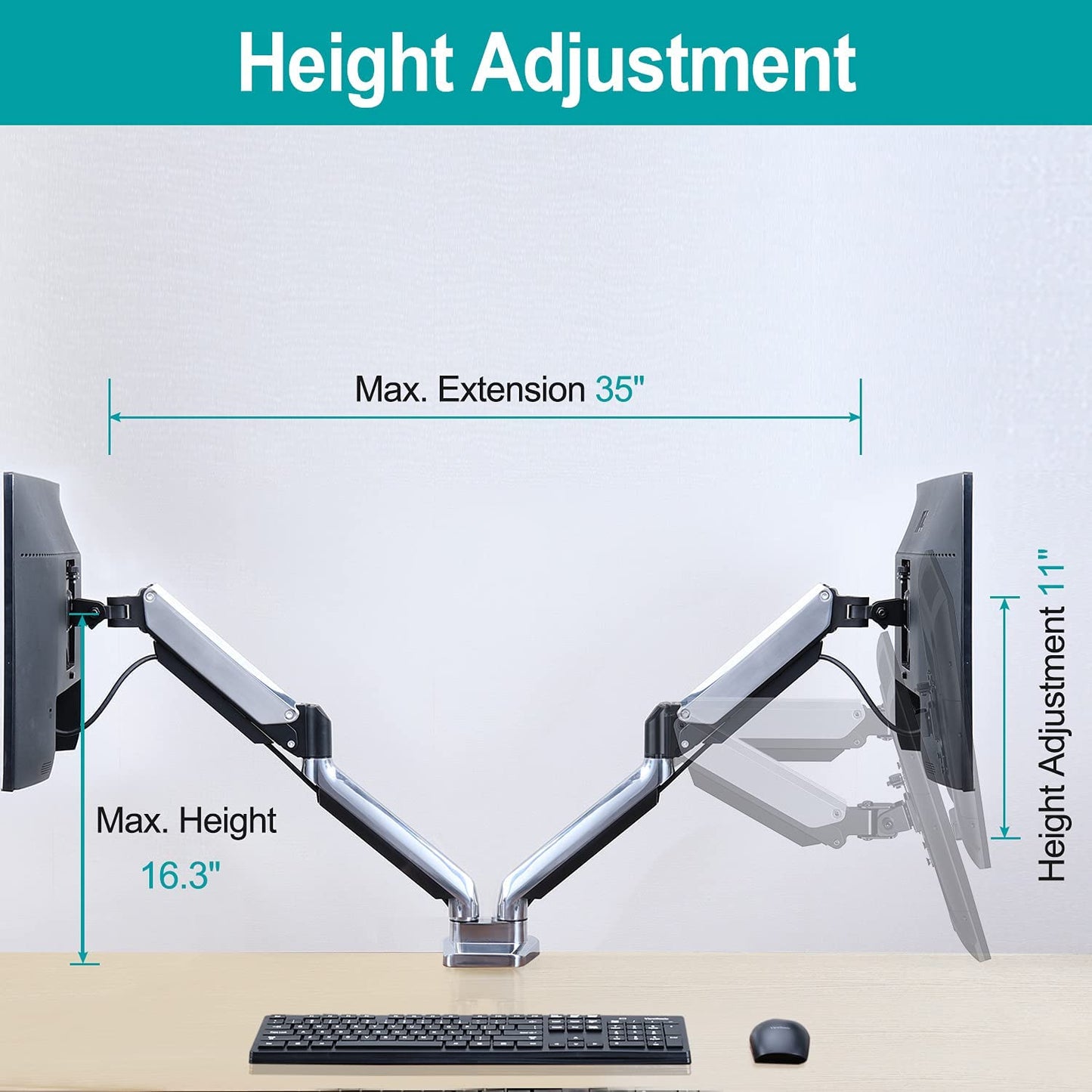 Dual Arms height adjustable computer monitor desk mount with max 35'' extension