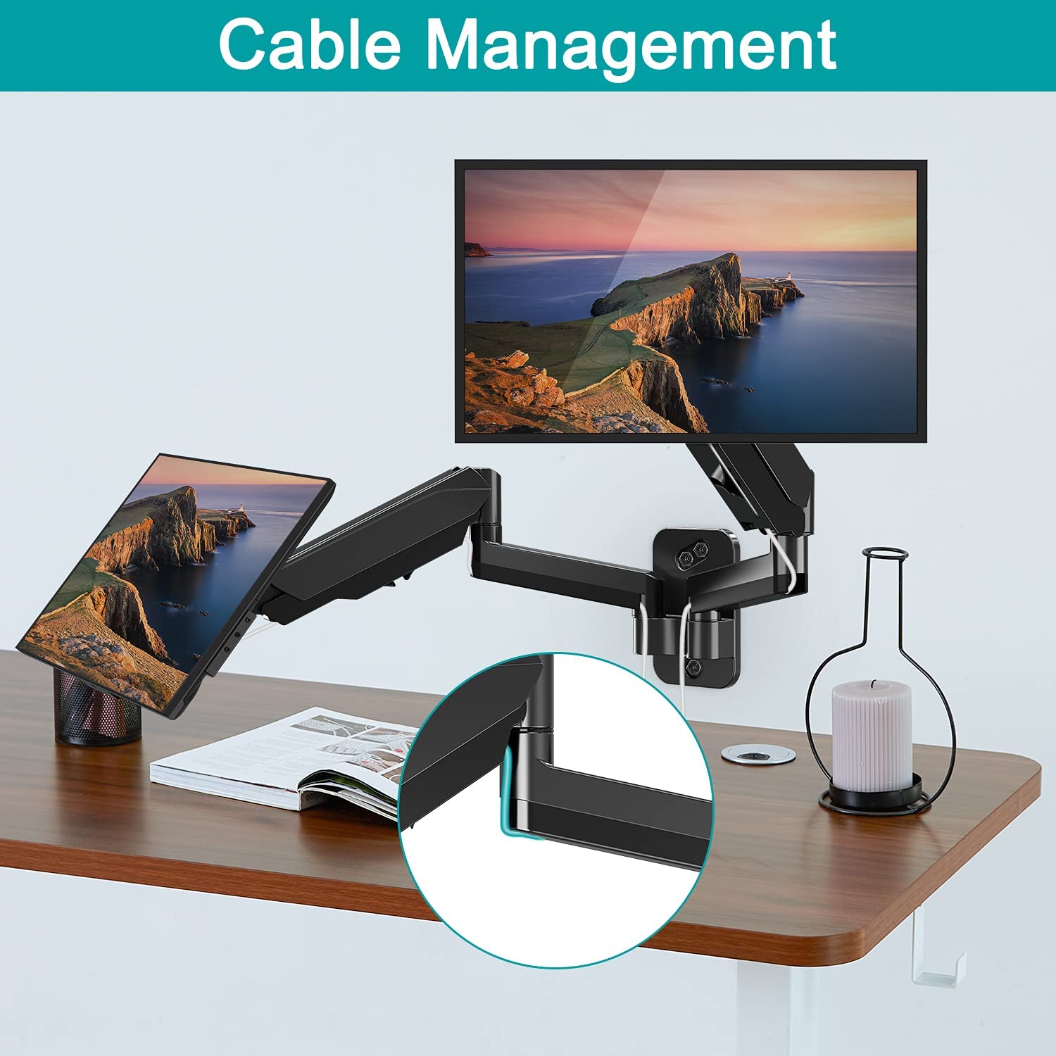 Dual Arms computer monitor wall mount with cable management