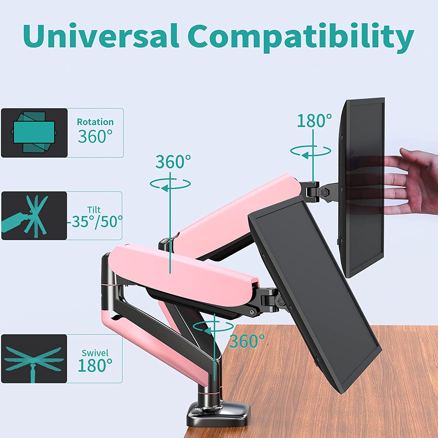 Dual Arms pink monitor arm mount with rotation, tilt and swivel