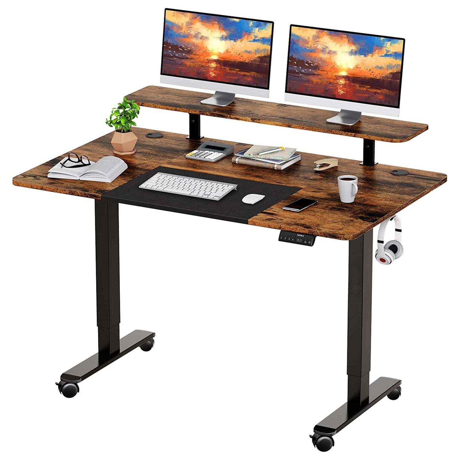 WOKA 55'' Height Adjustable Standing Desk With Shelf and Casters