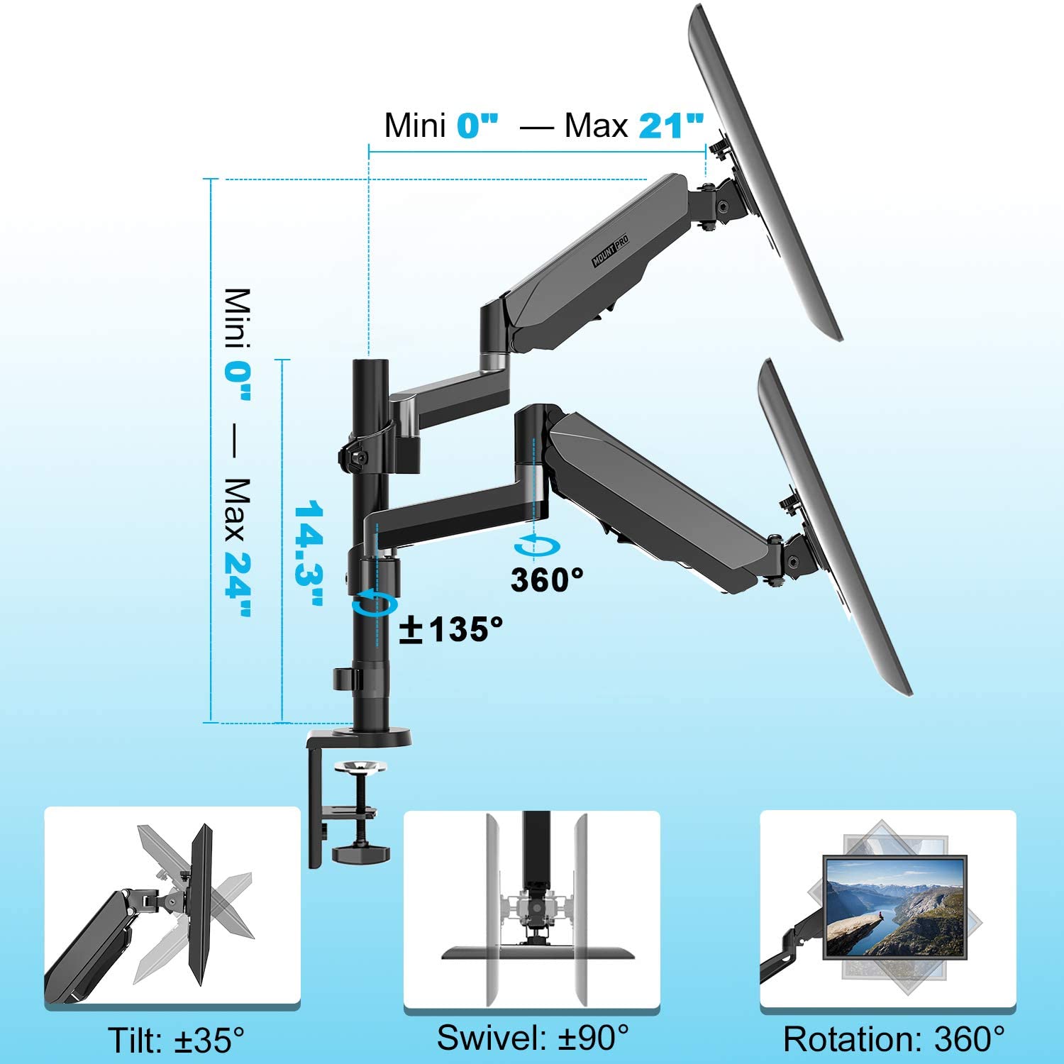 Dual Arms articulating monitor desk arm with tilt, swivel and rotation