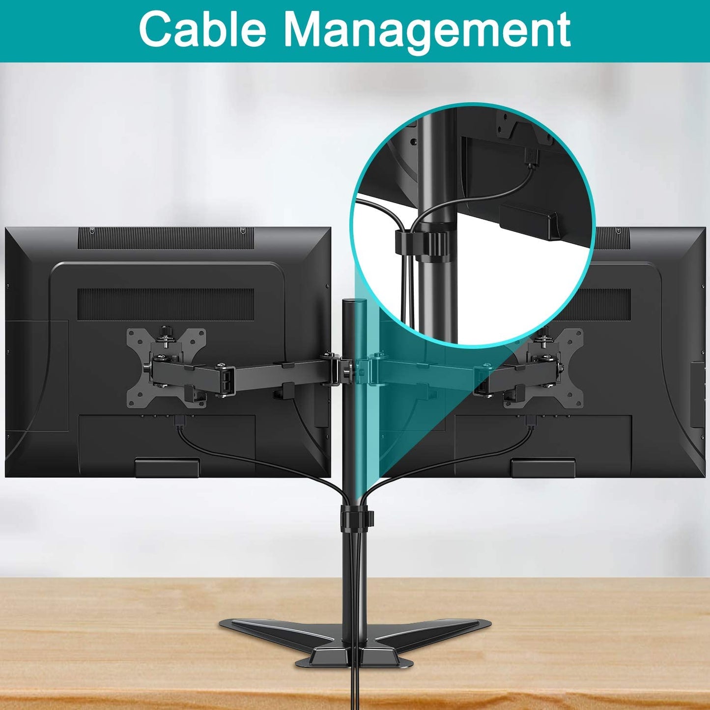 Dual Arms free dual standing monitor computer desk stand with cable management to declutter your workstation