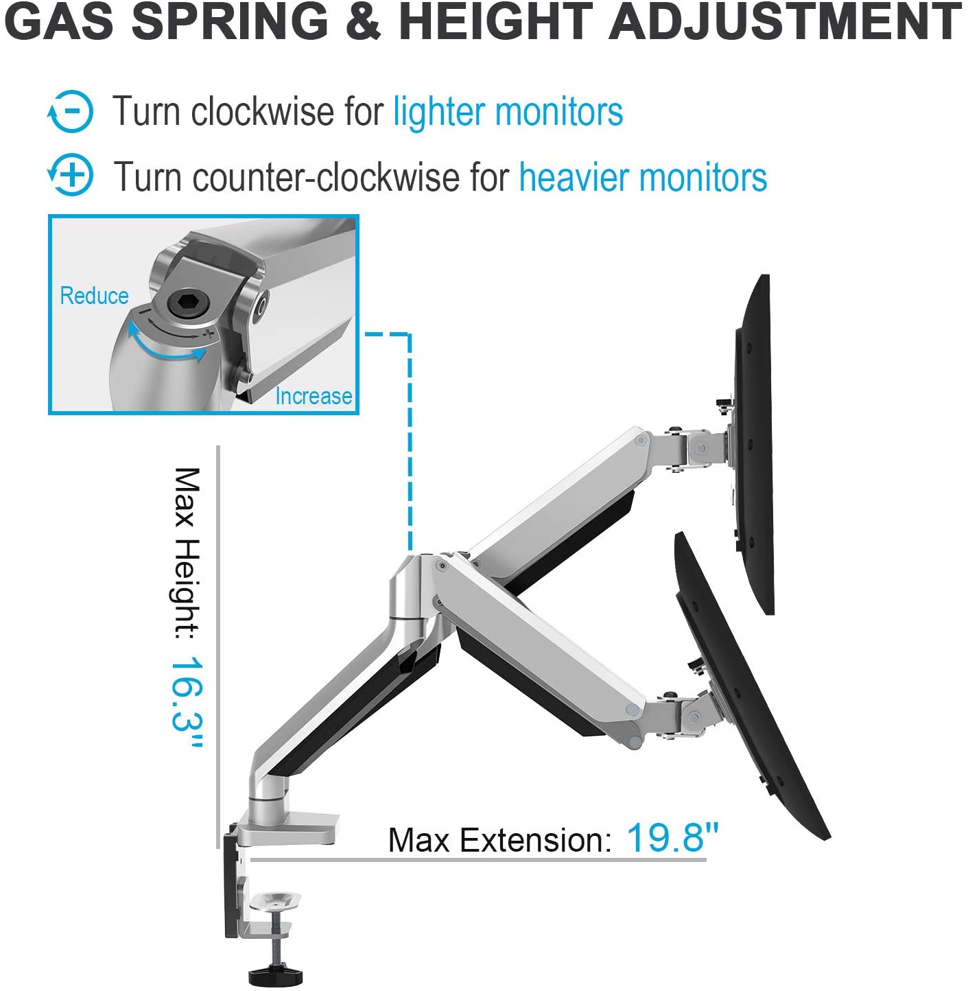 Dual Arms height adjustable monitor mount with gas spring