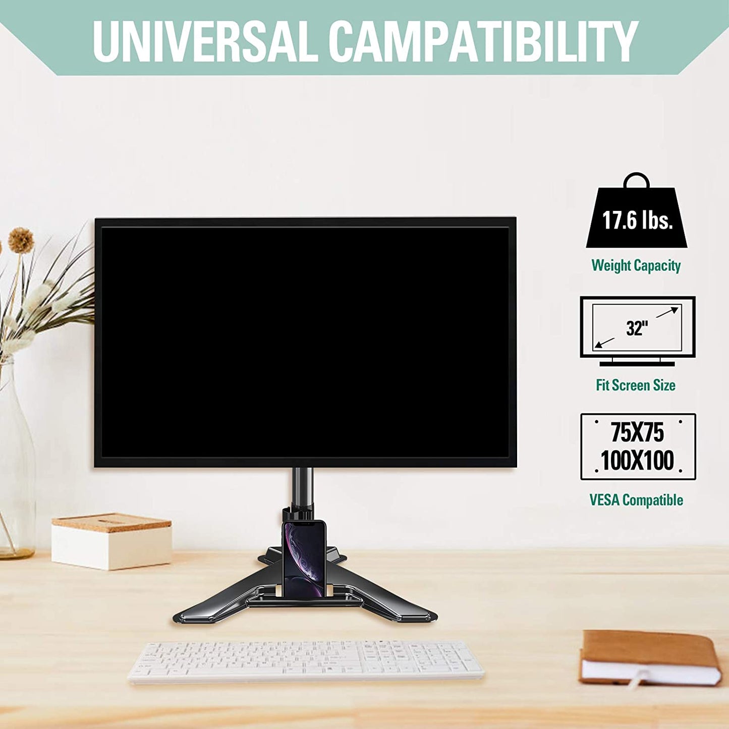 Single Arm computer desk stand for screen up to 32'' supporting up to 17.6 lbs.