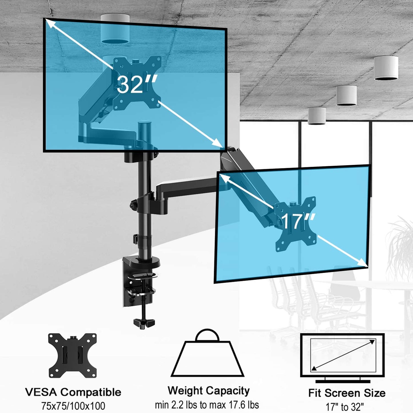 Dual Arms monitor desk mount for 17-32'' TVs with 75×75 and 150×150 vesa hole pattern