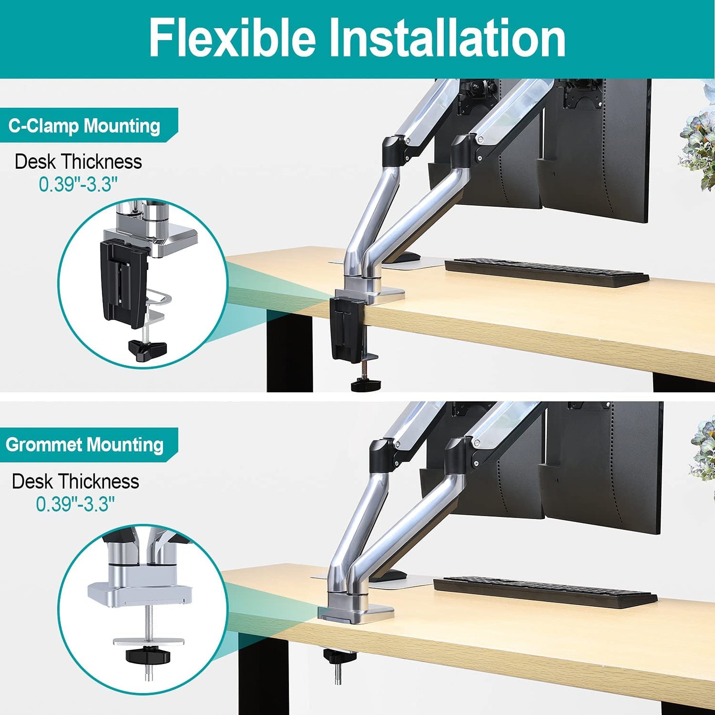 Dual Arms monitor desk holder easy to assemble with 2 mounting options