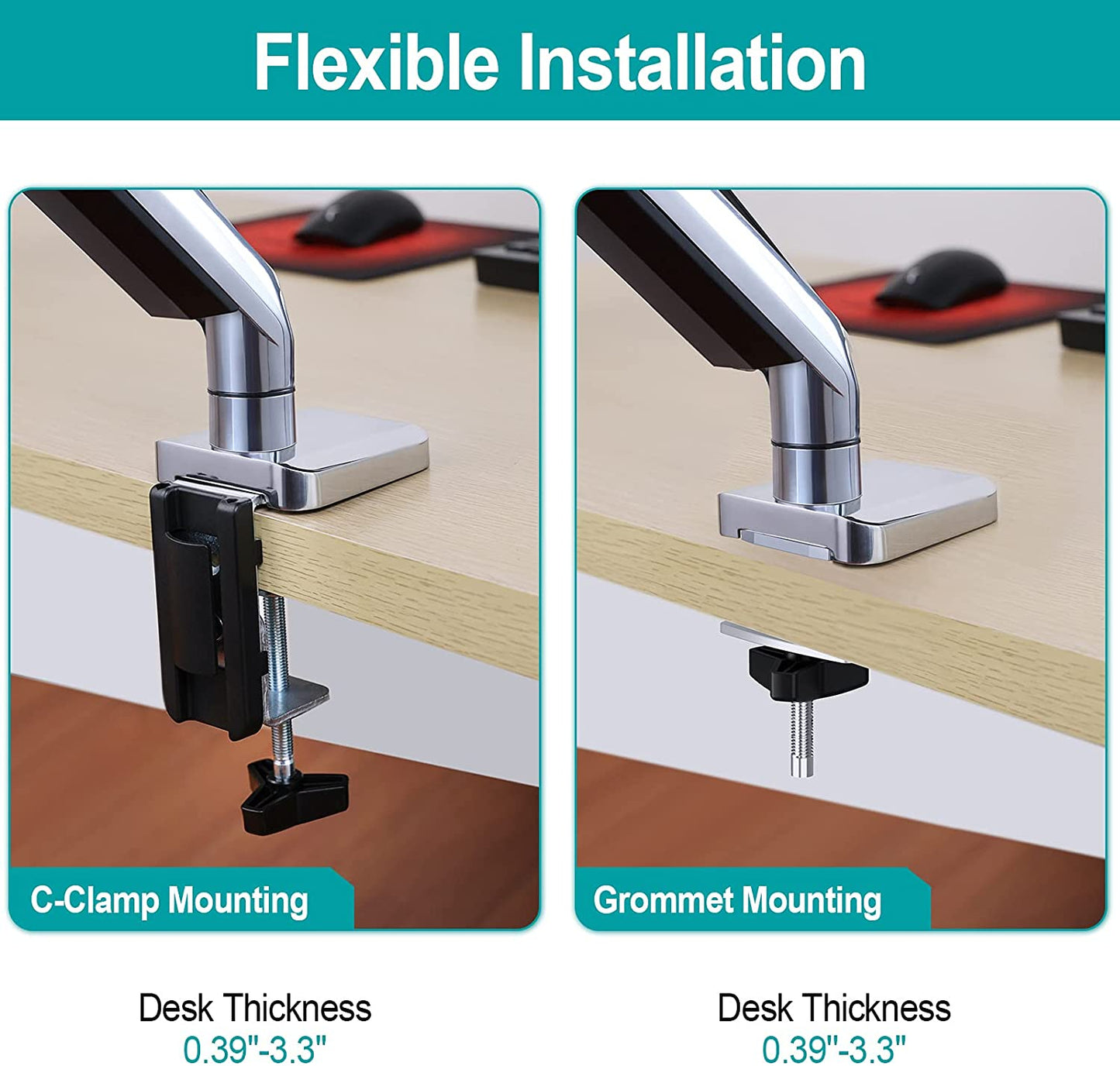 Single Arm monitor desk arm with C-clamp and grommet mounting