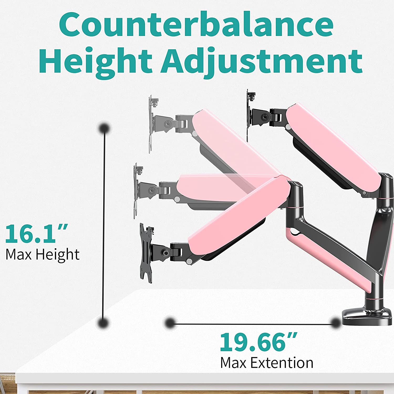 Dual Arms pink height adjustable monitor desk mount with max extension