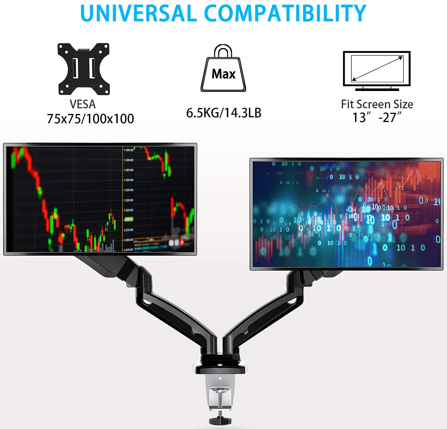 Dual Arms monitor desk holder for 2 13-27'' monitors with vesa 75×75 and 100×100 hole pattern