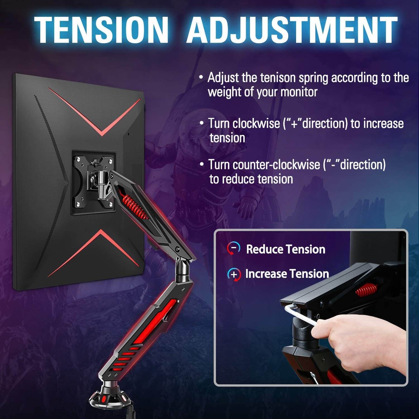 gaming monitor desk mount with tension adjustment to hold your monitors