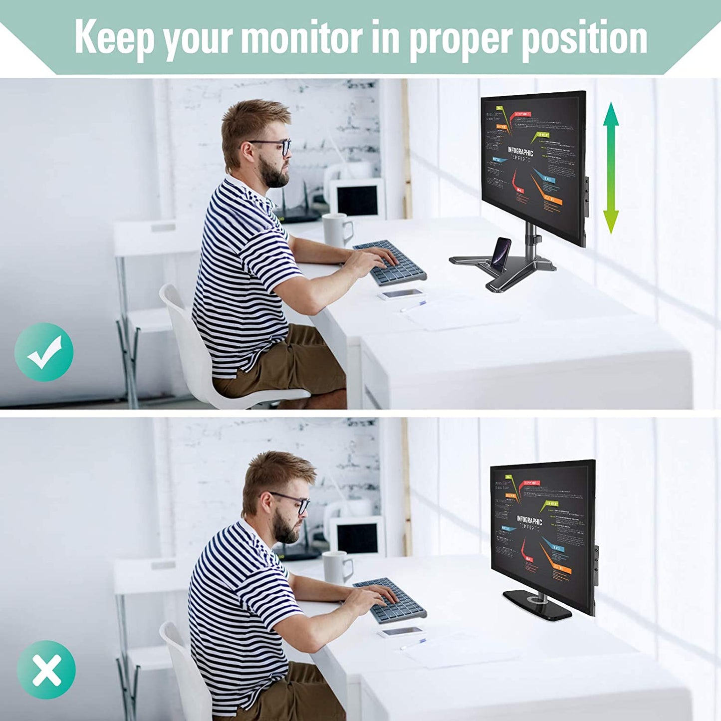 Single Arm adjustable monitor desk stand to raise or lower your monitor to a proper position