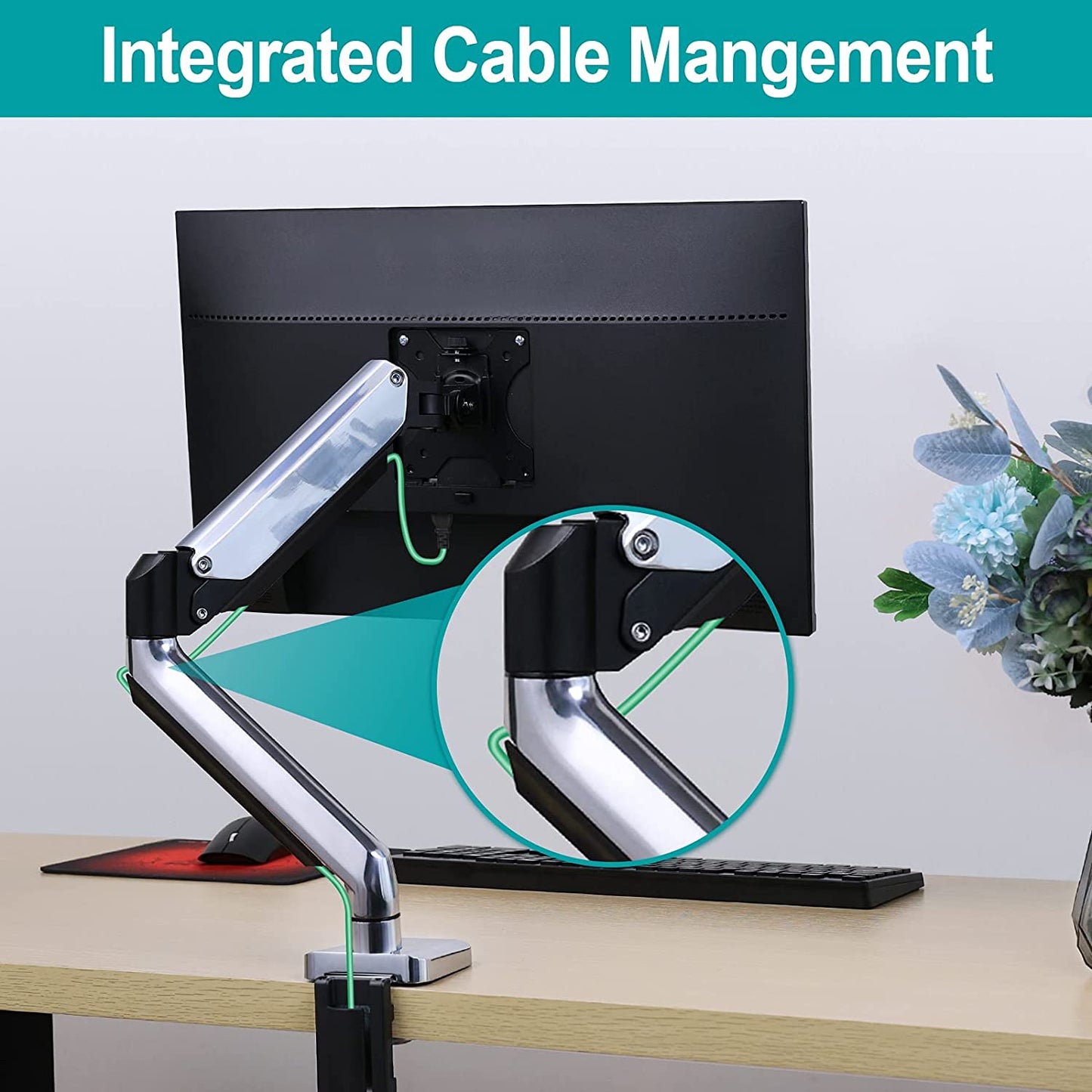 Single Arm computer monitor desk mount with cable management to organize the workstation