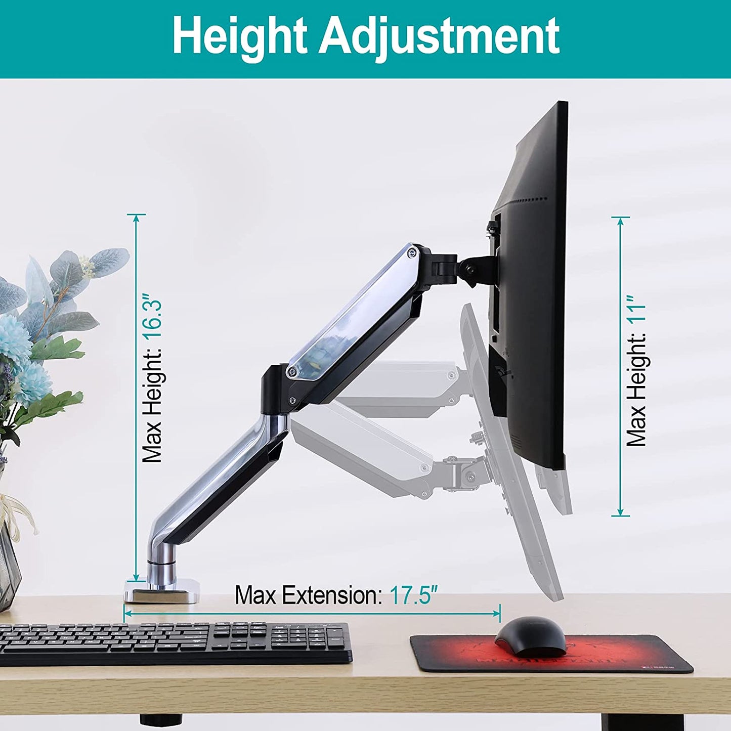Single Arm height adjustable monitor arm with 17.5'' max extension