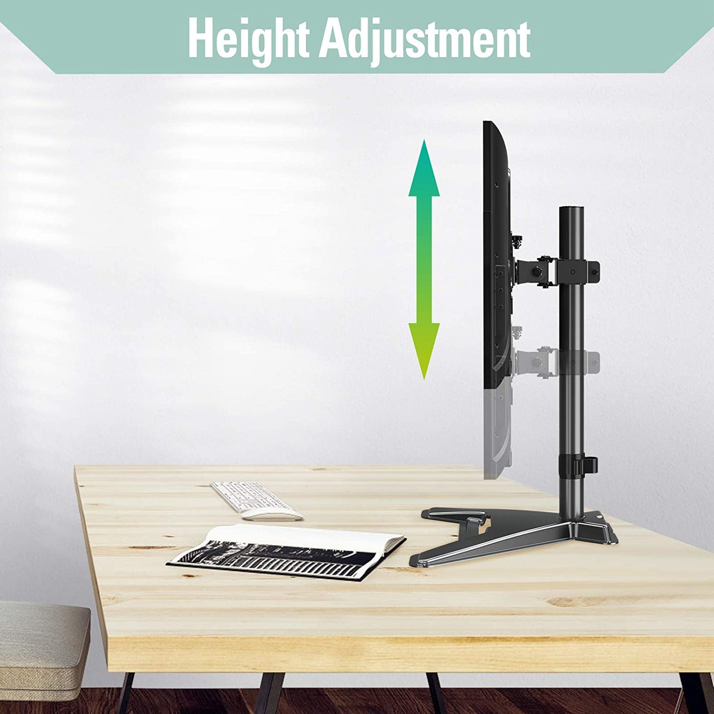 Single Arm height adjustable and vertical computer monitor desk stand to freely adjust the monitor