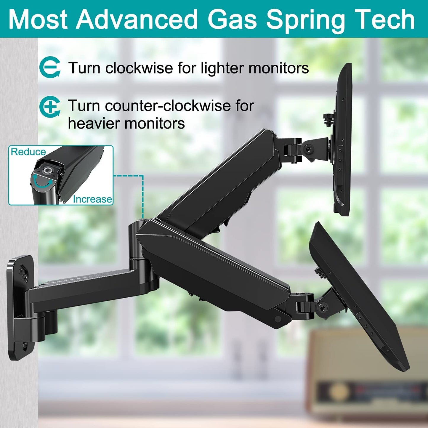 Dual Arms monitor wall mount with gas spring for easier adjustment