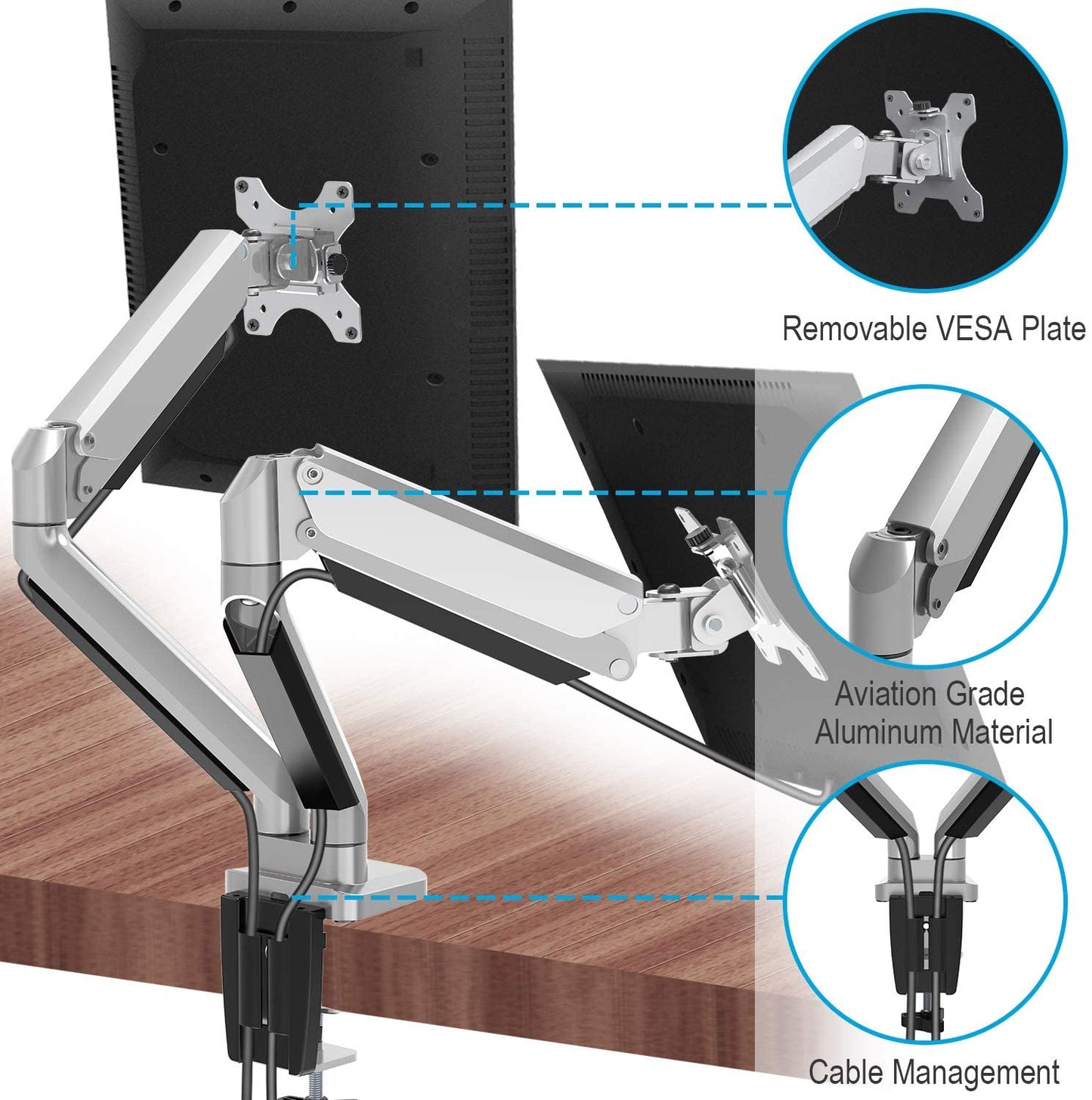 Dual Arms monitor arm desk mount with cable management