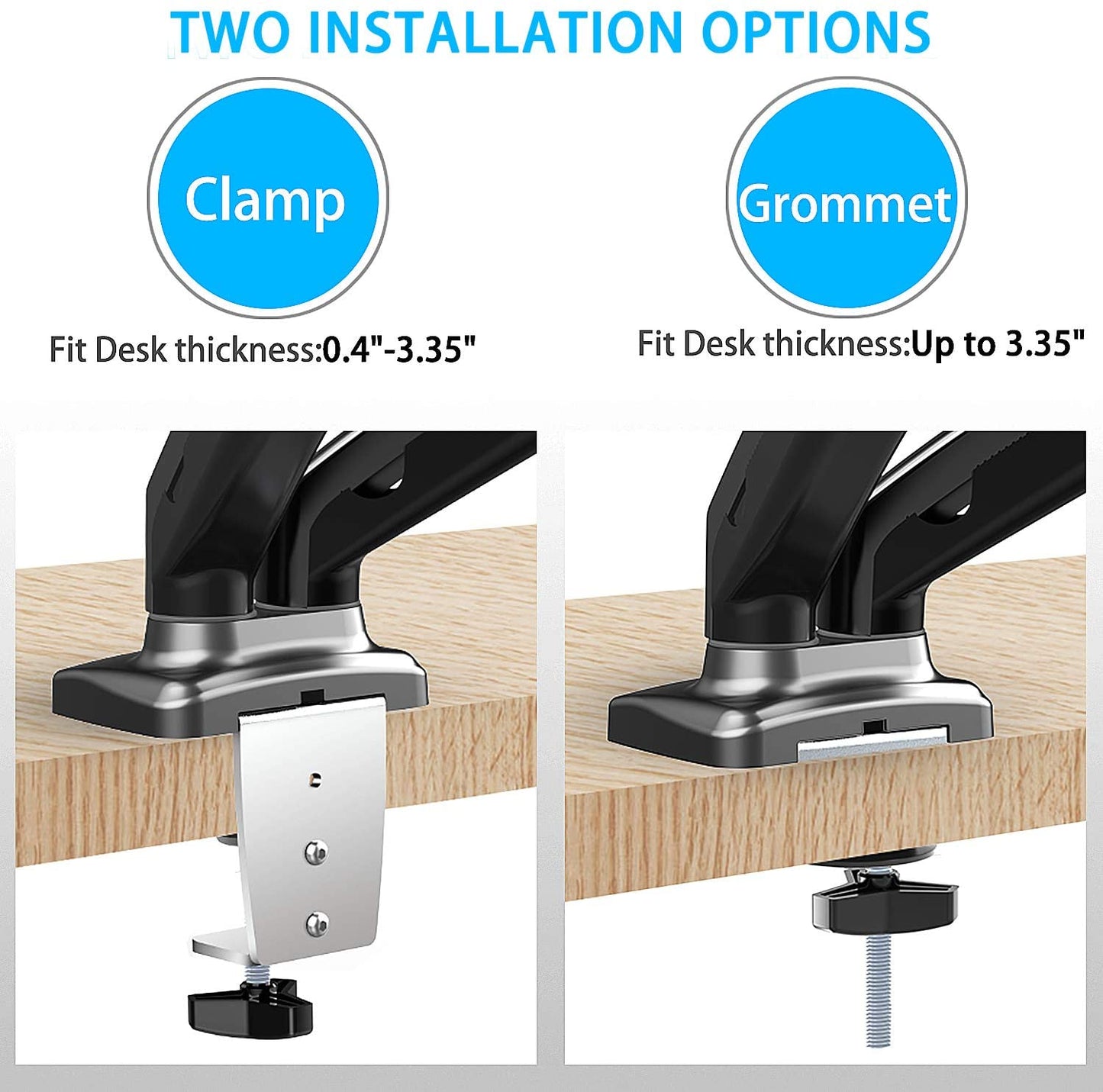 Dual Arms monitor arm mount for clamp or grommet installation