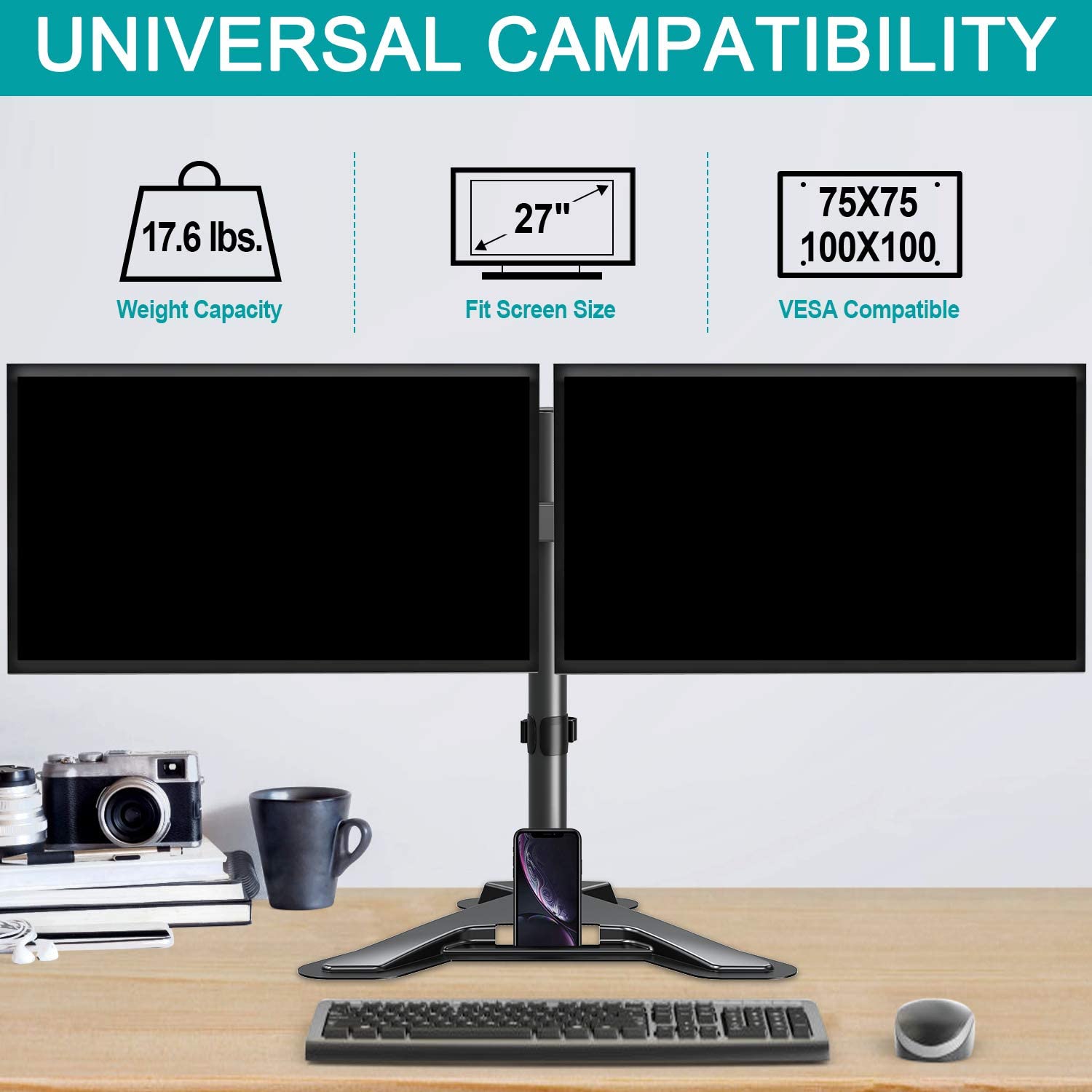 Dual Arms universal dual monitor stand for computer monitor screens up to 27'' loading up to 17.6 lbs.